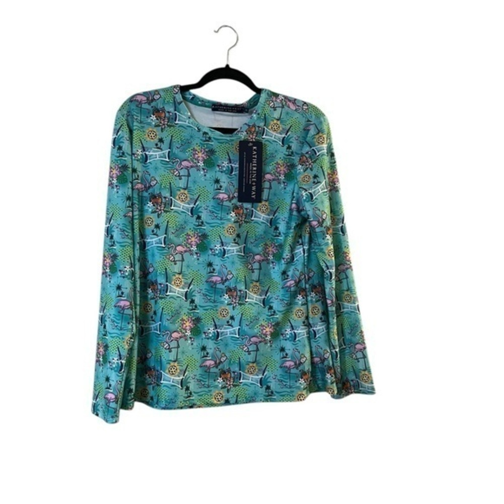 NWT KATHERINE WAY “Pickleball Paradise”Crewneck Sun Shirt w Flamingos, L